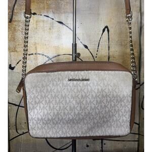 Michael Kors Small Crossbody Bag Vanilla MK Logo Brown Chain Strap Purse